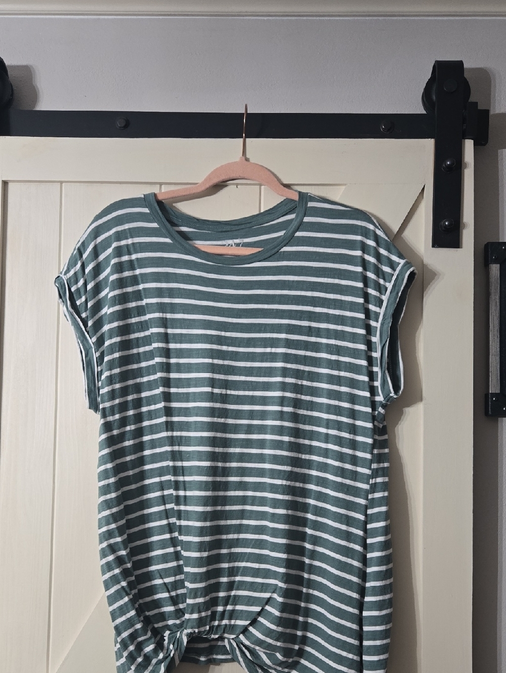 Striped Sage & White Short Sleeve Knot Front Tee